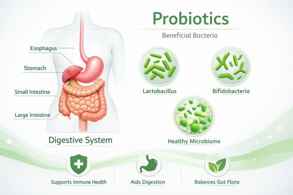 Probiotics adjusting gut microbiome illustration